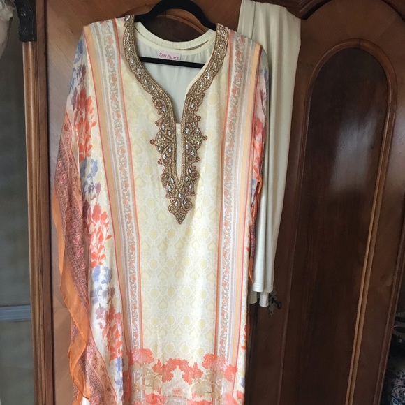 Sari Palace front beaded gown creme shawl pant - Picture 1 of 7